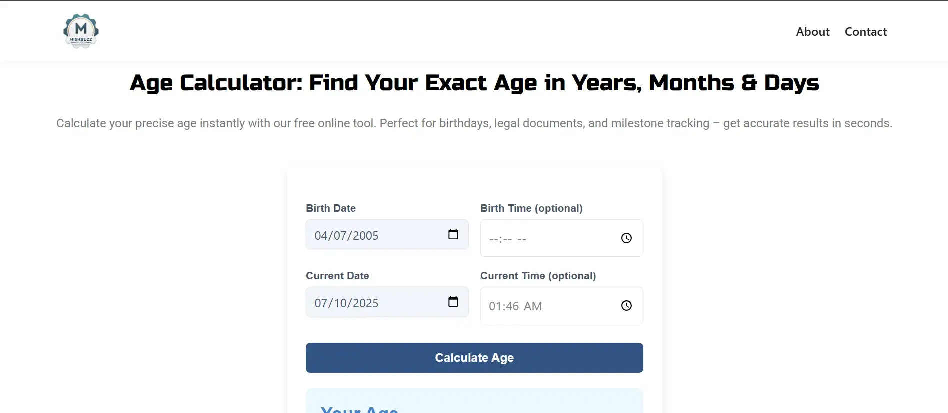 Advanced Age Calculator tool showing detailed year, month, day results