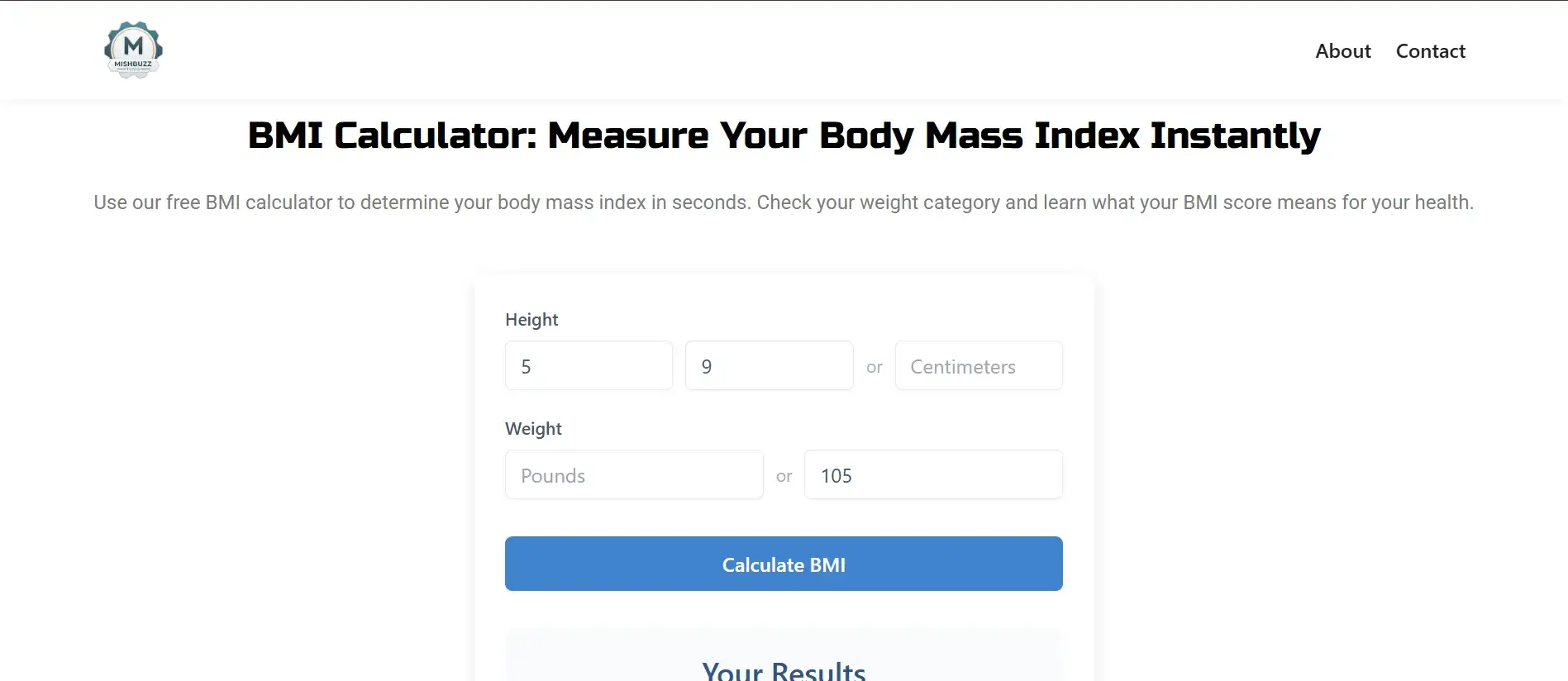 BMI Calculator interface showing height, weight inputs and health category results